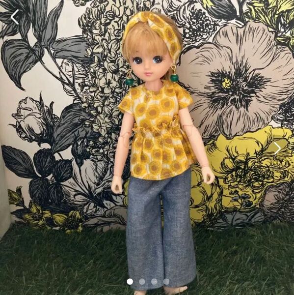 061リカちゃん ブライス ハンドメイド 服 リバティー ひまわり柄ブラウス デニムパンツ ヘアバンド付き