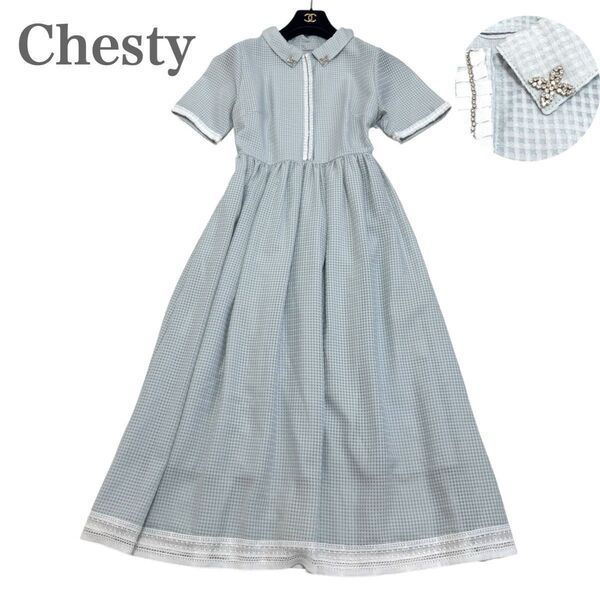 ★ビジュー付き 衿取り外し可能★Chesty チェスティ シアー チェック ビジュー ライン ワンピース レース アイスブルー 0