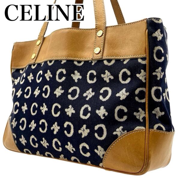 ★激レア★CELINE セリーヌ Cマカダム デニム ハンドバッグ トートバッグ キャンバス レザー ネイビー キャメル