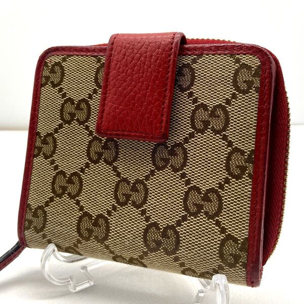 ★美品★GUCCI グッチ 折り財布 コンパクト財布 GG柄 キャンバス レザー レッド ベージュ