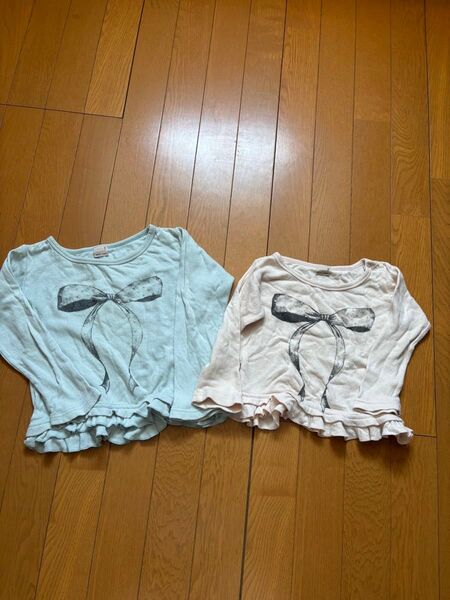 プティマイン リボン柄 長袖 Tシャツ カットソー 姉妹お揃い