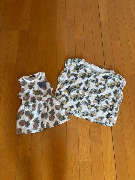 親子お揃い パイナップル柄 コーデ ワンピース カットソー 総柄 トップス Tシャツ