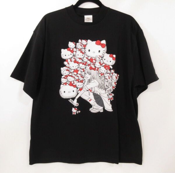 サンリオキャラクターズ ×伊藤潤二 ラギットTシャツ ギャル富江×ハローキティ ブラック Tシャツ L アート 半袖Tシャツ