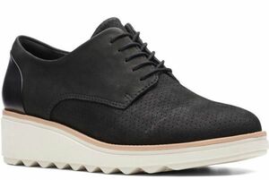 送料無料 Clarks 21.5cm ウエッジ オックスフォード ヌバック レザー 革 ブラック アンダル スポサン スニーカー バレエ スリッポン R30