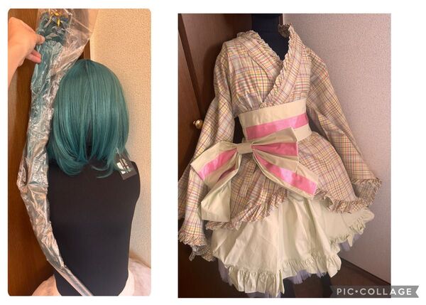 グリーン 和ロリ 和風 ロリータ ドレス Sサイズ コスプレ 和洋折衷コーデ 着物 昭和レトロ 大正ロマン ウィッグセット