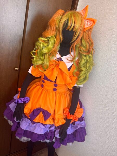 オレンジ パープル ハロウィン ロリータ メイド服 S-Mサイズ コスプレ ウィッグセット