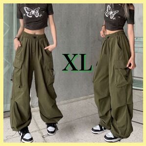 パラシュートパンツ カーゴパンツ ワイドパンツ グリーン 緑 XL ダンス トレンド ストリート 韓国 裾絞り 人気
