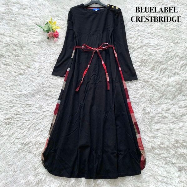 【美品】BLUELABEL CRESTBRIDGE ブルーレーベルクレストブリッジ パーシャルチェックスムースワンピース M