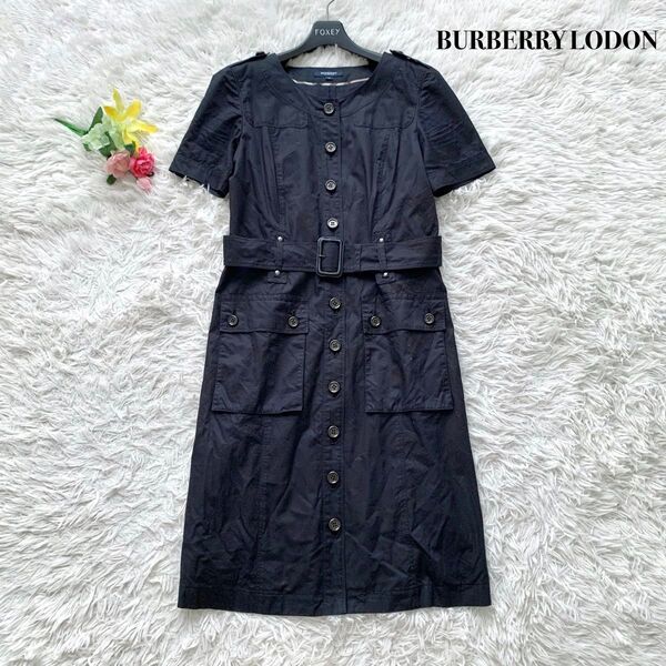 【美品】BURBERRY LODON バーバリーロンドン 膝丈 ワンピース ベルト ノバチェック ブラック M