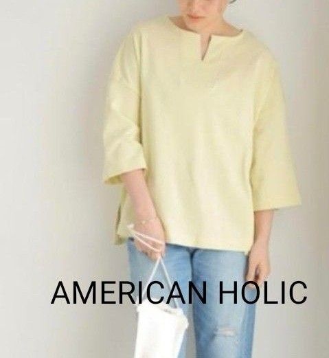 AMERICAN HOLIC アメリカンホリックミニ裏毛キーネックカットプルオーバー (イエロー)