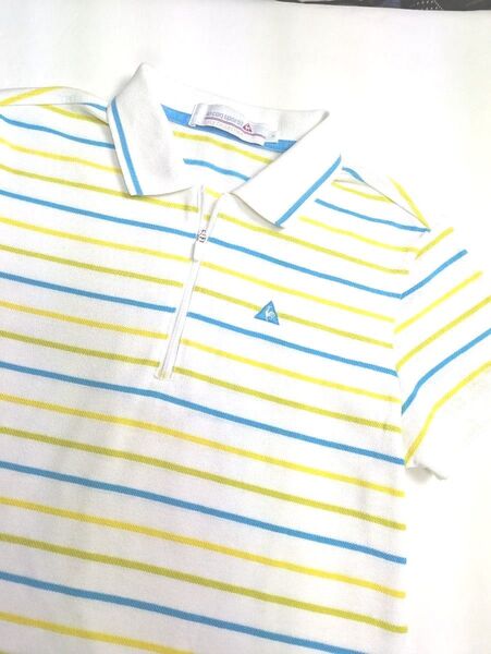 【 le coq sportif 】レディース М ボーダー柄 半袖 ハーフ ジップアップ ポロシャツ スポーツ GOLF