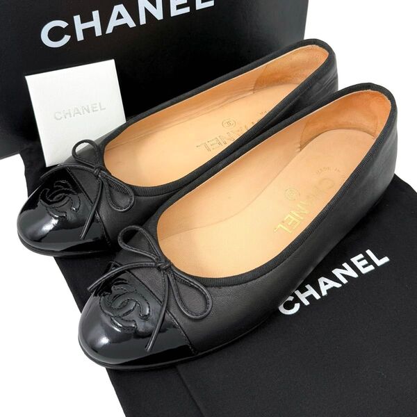 【美品】 シャネル CHANEL パンプス バレリーナ バレエシューズ フラットシューズ 黒 ブラック 35 ココマーク リボン