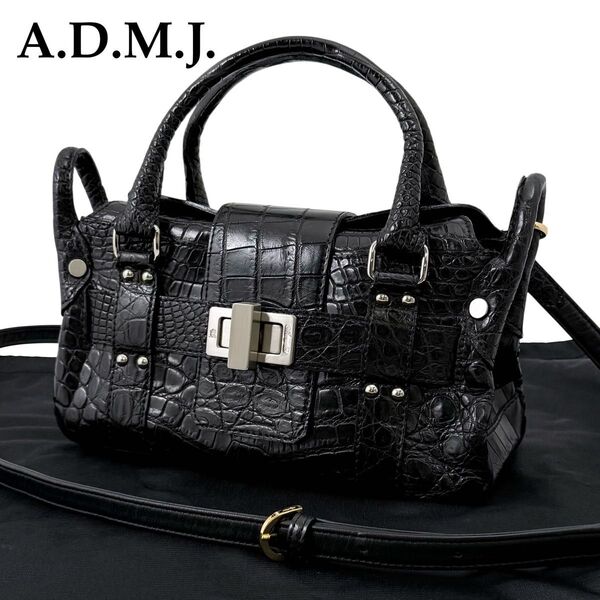 【美品】 ADMJ アクセソワ クロコダイル ワニ革 2way ショルダーバッグ ハンドバッグ 黒 ブラック ターンロック ベルト