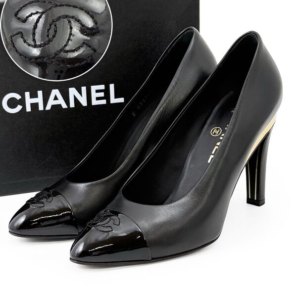 【極美品】 シャネル CHANEL ハイヒール パンプス ココマーク 38 黒 ブラック ゴールドライン エナメル パテント