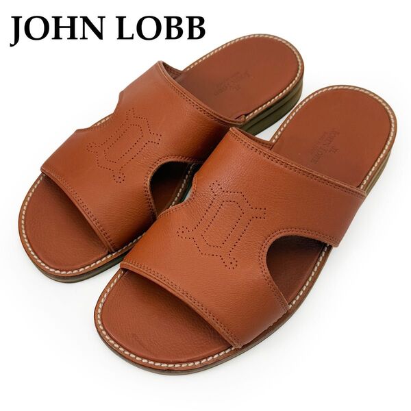【美品】 ジョンロブ John Lobb サンダル 7 フラット ロゴ パンチング レザー 茶色 ブラウン 7 25.5㎝ メンズ