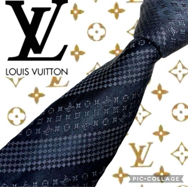 希少デザイン ルイヴィトン ダミエ モノグラム MIX ブラック ネクタイ ブラック系 光沢 LOUIS VUITTON シルク