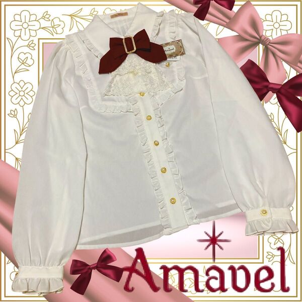 ボルドーリボンジャボ付き白長袖ブラウス/Amabel/アマベル/ロリィタ量産型地雷系/クラシック/お嬢様姫系/ホワイトフリルレース