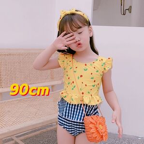 チェリー柄ベビー水着90cm セパレート水着ヘアベルト付3点セットキッズ水着