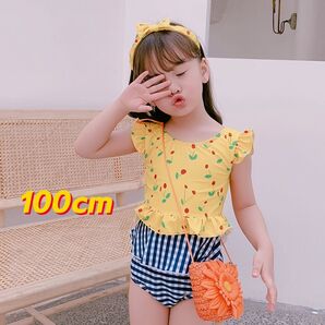チェリー柄ベビー水着100cm セパレート水着ヘアベルト付3点セットキッズ水着
