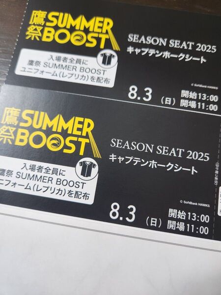 8月3日(日) ホークスチケット内野S指定席 2枚 鷹祭 SUMMER BOOST