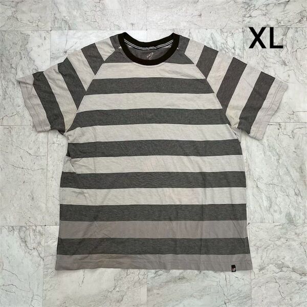 ★希少★ Tシャツ 企業ロゴ 半袖 メンズ XL グレー ホワイト ボーダー 半袖Tシャツ トップス ボーダーTシャツ