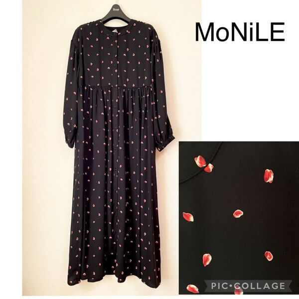 【新品】MoNiLE モニーレ ジョーゼット 前開き ゆったり ロングワンピース 花柄 黒 総柄 長袖 薄手 とろみ素材 羽織り