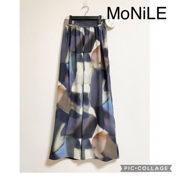 【新品】MoNiLE モニーレ ぼかし プリント ワイドパンツ ウエストゴム 紺 ネイビー 柄パンツ 総柄