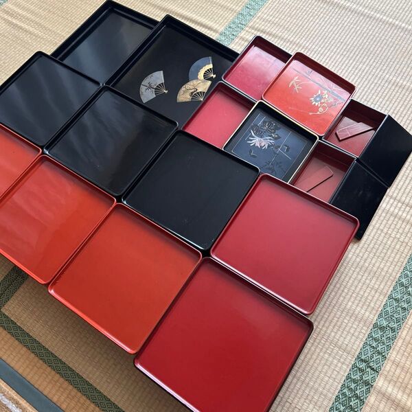 会津塗り 膳&お盆&お弁当箱 全16点♪漆器 和風 扇子柄