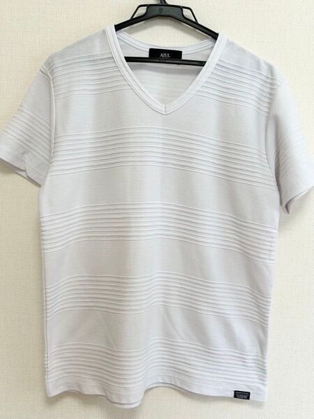AZUL by moussy ホワイト ストライプ Vネック Tシャツ 半袖