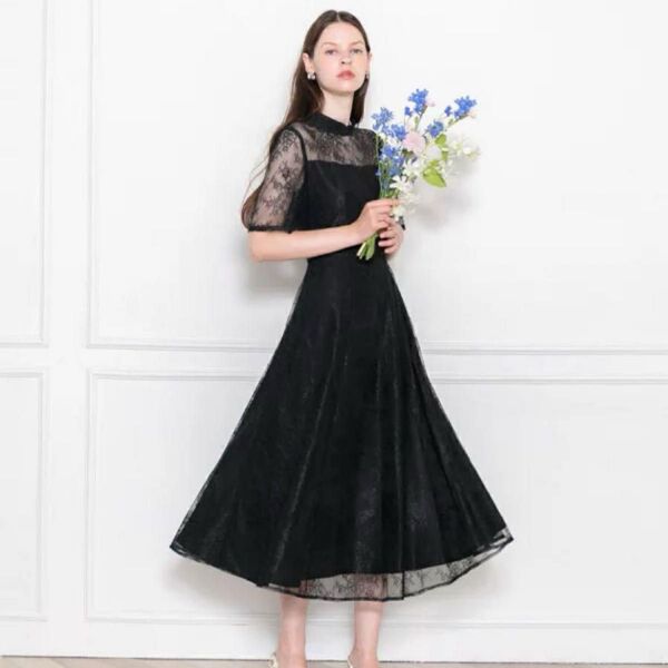 Leja ハイネック花柄レースウエストマーク透けロングドレスワンピース