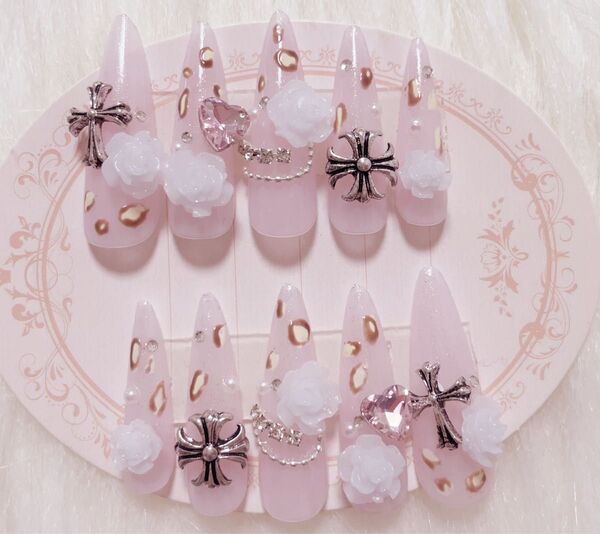 現品 ヒョウ柄 姫ギャル y2k バレエコア バラ クロ厶 ネイルチップ