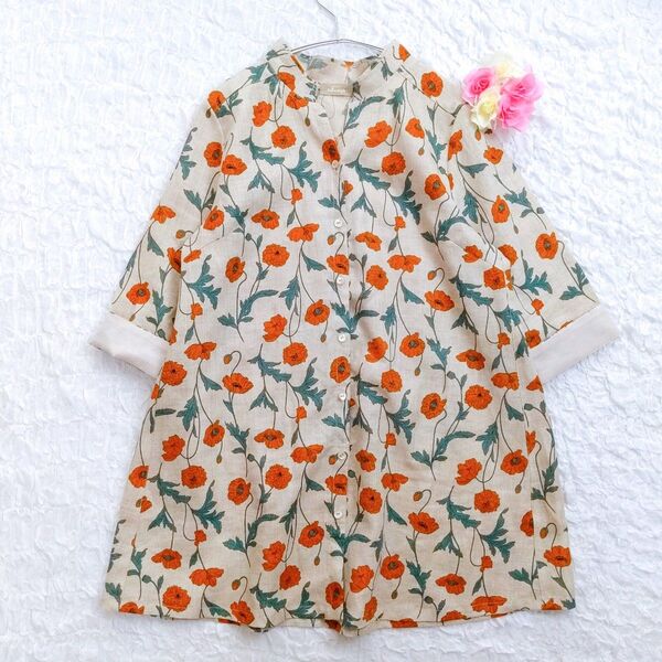 【美品】オルウェイズ リネン100%チュニックワンピース 百貨店 花柄