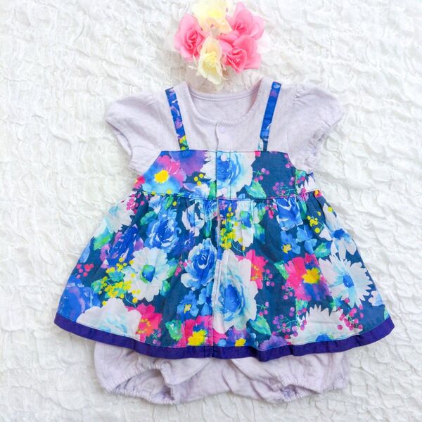 【美品】ANNASUI mini フラワーロンパース 70 水彩画 アナスイミニ カバーオール 女の子 ベビー服 ワンピース