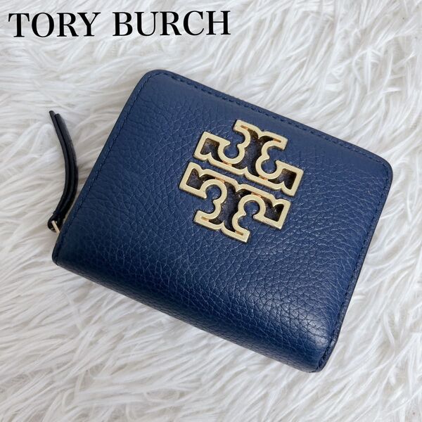 美品 TORY BURCH ロゴ 二つ折り財布 レザー ラウンドファスナー トリーバーチ