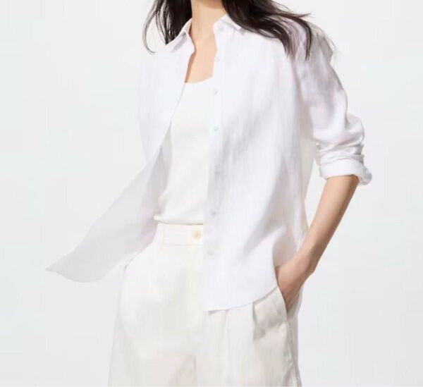 新品タグ付 Sサイズ UNIQLO プレミアム リネン100 シャツ 白 レディース ホワイト 麻100 長袖ブラウス