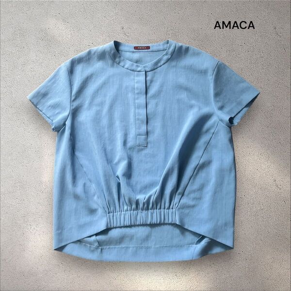 AMACA ウエストギャザー 半袖 ブラウス ブルー M、シワになりにくい