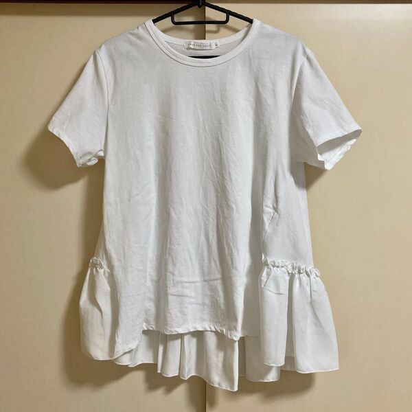★☆AMERICAN HOLIC☆異素材切り替え裾フリルカットプルオーバー カットソー Tシャツ 半袖 ホワイト クルーネック 白