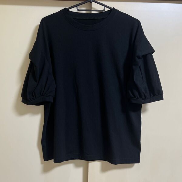 ★☆a lot of love☆5分丈ボリューム袖プルオーバー Tシャツ カットソー ブラック クルーネック