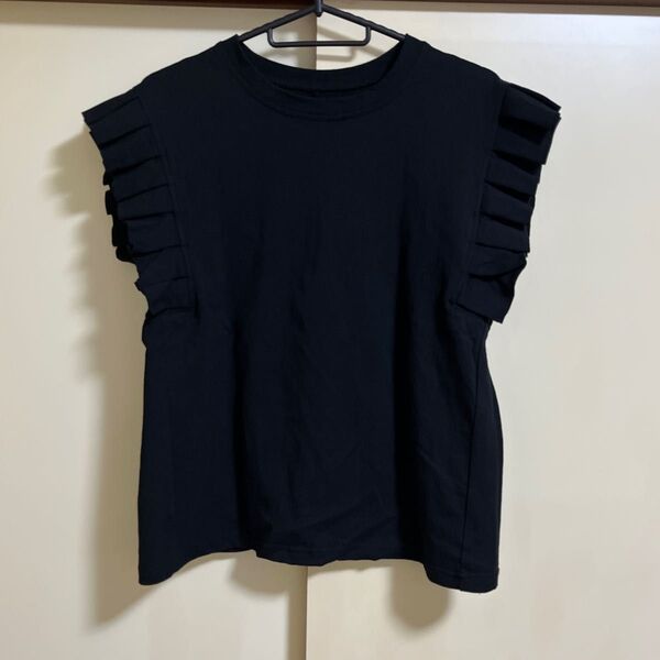 ★☆ap retro☆ショルダープリーツTEEシャツ カットソー ノースリーブ 無地 トップス ブラック