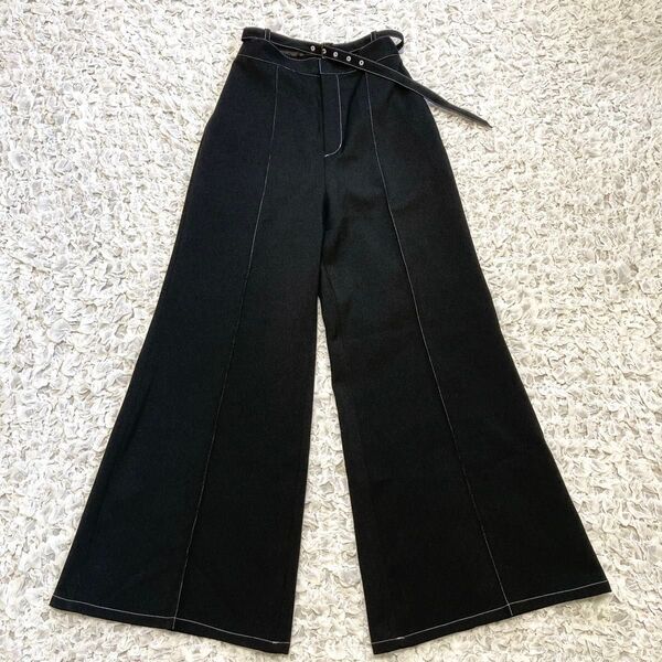 HARE ワイドフレアパンツ ベルト付 ウエストゴム 黒 センタープレス ステッチ スラックス ボトムス