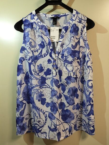 H&M【新品】ノースリーブトップス 花柄 ブルー EUR48 XL タグ付き タグ付き