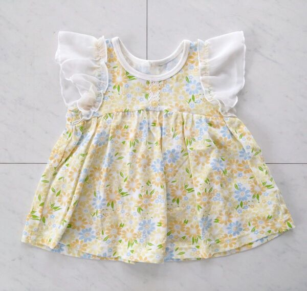 【未着用】95サイズ 花柄 フリル袖 トップス 半袖 チュニック ベビー服 カットソー キッズ 女の子 半袖Tシャツ 子供服