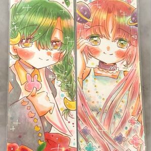 【送料込】オリジナル 手描きイラスト アジサイちゃんと椿ちゃん 2枚セット【ハガキ半分】
