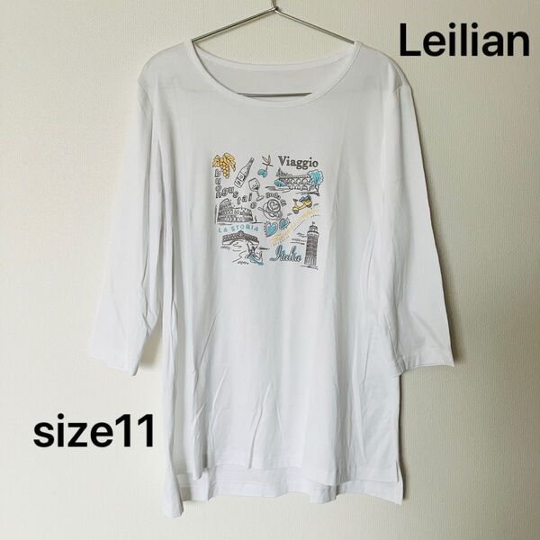 Leilian レリアン イラスト ホワイト 五分袖 七分袖 Tシャツ 綿100% コットン 11サイズ 白