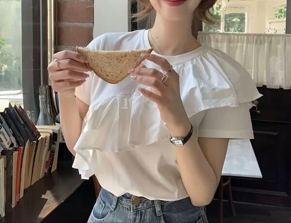 フリルブラウス 白 ティシャツ レディース Tシャツ アシメントリー