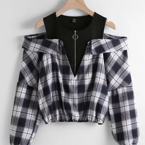 【SHEIN】 ショルダーカットブラウス チェック柄 Oリングジッパー