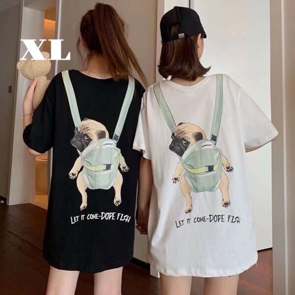 Tシャツ メンズ 夏服 半袖 ロゴ 黒 犬 XL レディース パグ