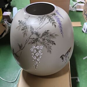 花瓶 藤の花とスズメの絵 九谷焼/壷・花瓶/GRN/九谷焼 花瓶 8号 藤に鳥 中村陶志人