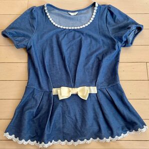 PATTERN パターン リボン付きネイビー半袖トップス