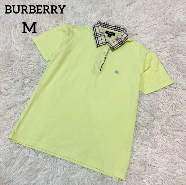 BURBERRY バーバリー ロンドン ポロシャツ ノバチェック柄 半袖 M イエローグリーン 黄緑 刺繍ロゴ 美品 ゴルフウェア
